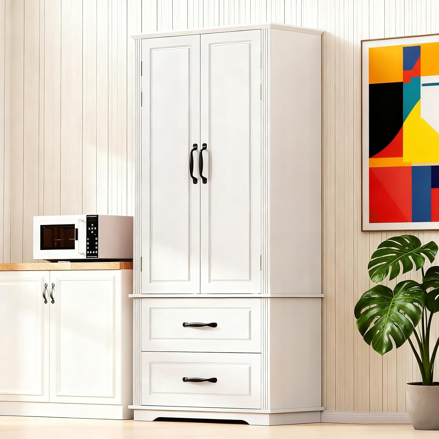 71" Tall Farmhouse Pantry Cabinet, Wood Storage Cabinet with 2 Doors, 2 Drawers and 3 Adjustable Shelves, Freestanding Cupboard for Kitchen, Living Room, Dining Room and Home, Office, White