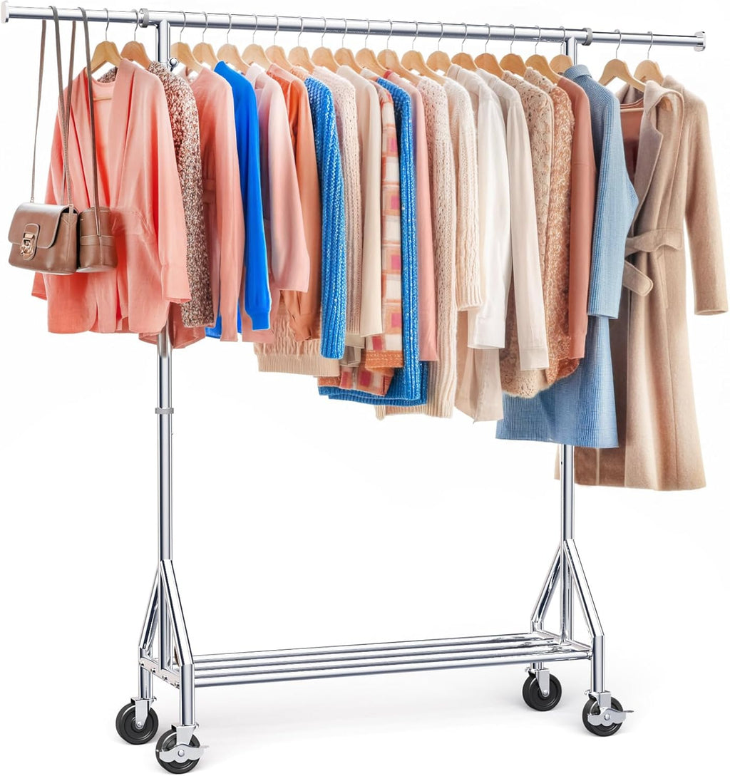 TigerParty Heavy Duty Clothes Rack for Hanging Clothes, Rolling Garment Rack, Adjustable Free Standing Organizer with Wheels, Space-Saving Design for Bedroom Laundry Living Room (Silver)