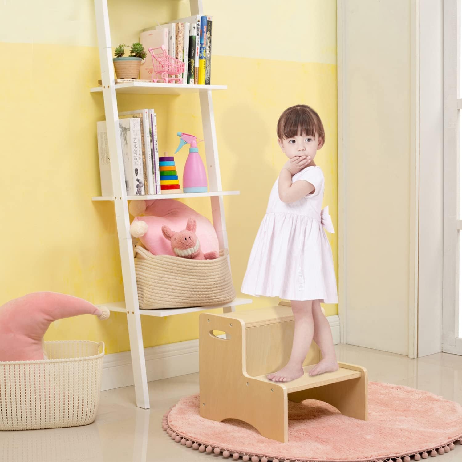 WOOD CITY Wooden Toddler Step Stool for Kids, Bathroom Potty Stool & Kitchen Stool, Natural Two Step Stool for Bedroom, Children's Stool with Handles and Safety Non-Slip Pads