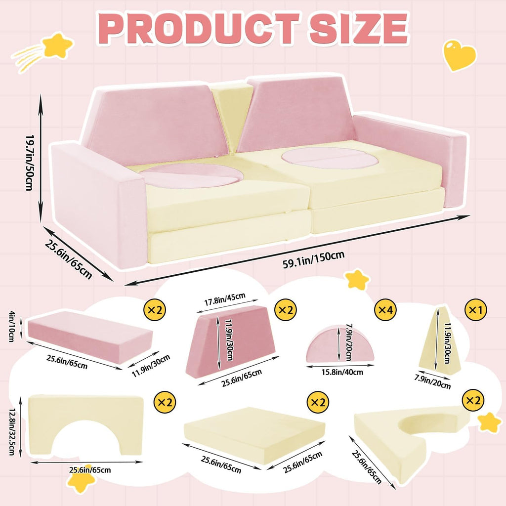 15pcs Modular Kids Play Couch Set Children Section Sofa Kids Convertible Toddler Couch for Children Bedroom Playroom Living Room (Pink+White)