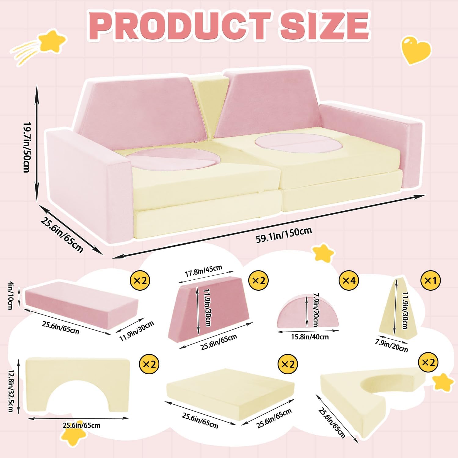 15pcs Modular Kids Play Couch Set Children Section Sofa Kids Convertible Toddler Couch for Children Bedroom Playroom Living Room (Pink+White)