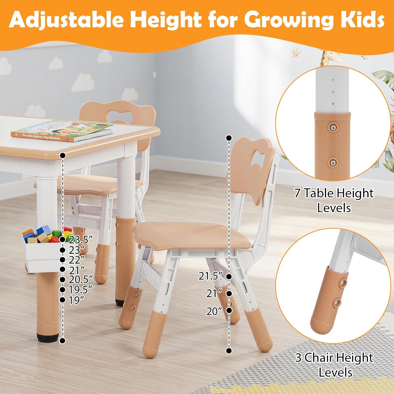 Costzon Kids Table and 4 Chairs, Height Adjustable Toddler Desk Set w/Easy-to-Wipe Graffiti Desktop & 2 Storage Basket for Home, Classroom, Daycare, Playroom, Art Study Table Set (Natural, 5 PCS)