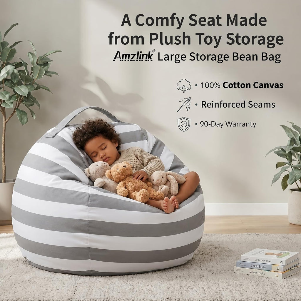 Amzlink® Stuffed Animal Storage Bean Bag Chair Cover for Kids - Stuffable Zipper Beanbag for Organizing Children Plush Toys, Heavy Duty Large Cotton Canvas, Grey, Ideal for Bedroom Playroom Classroom