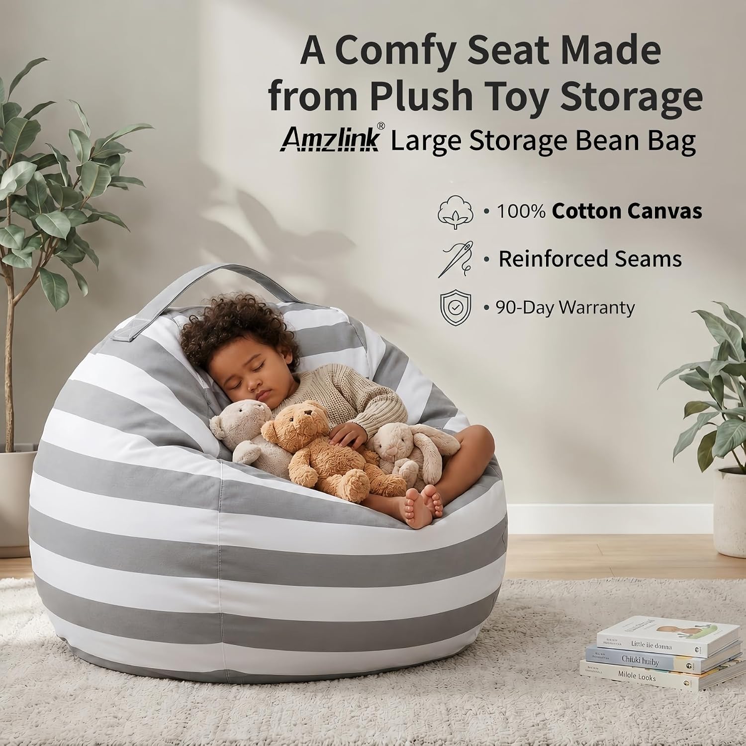 Amzlink® Stuffed Animal Storage Bean Bag Chair Cover for Kids - Stuffable Zipper Beanbag for Organizing Children Plush Toys, Heavy Duty Large Cotton Canvas, Grey, Ideal for Bedroom Playroom Classroom