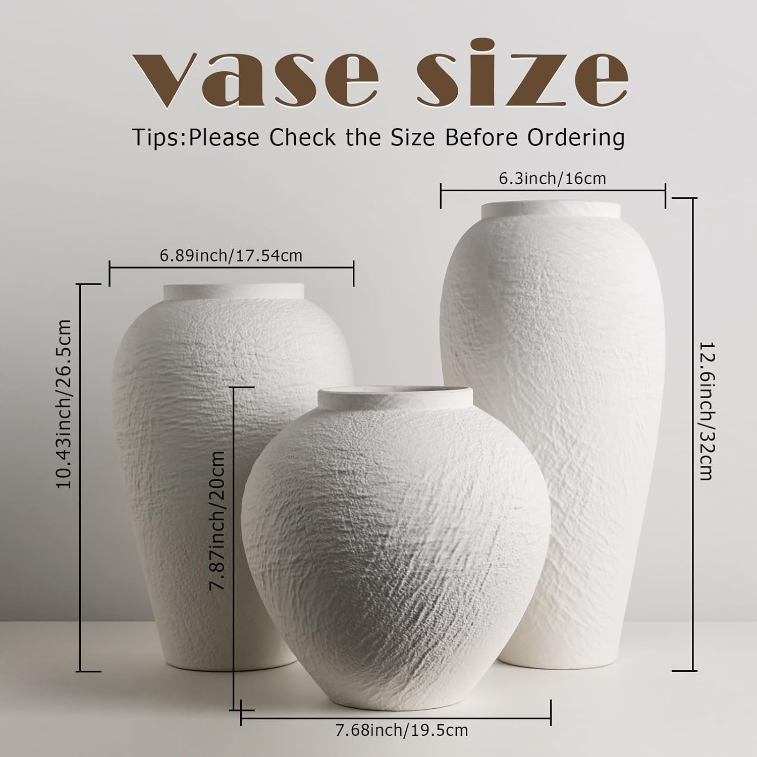 White Ceramic Vase, Large 12.6 Inch Tall Ceramic Flower Vase Home Decor, Minimalist Texture Stone White Flower Vase, Decorative Vase for Living Room Shelf Farmhouse Dining Table Centerpiece Decor