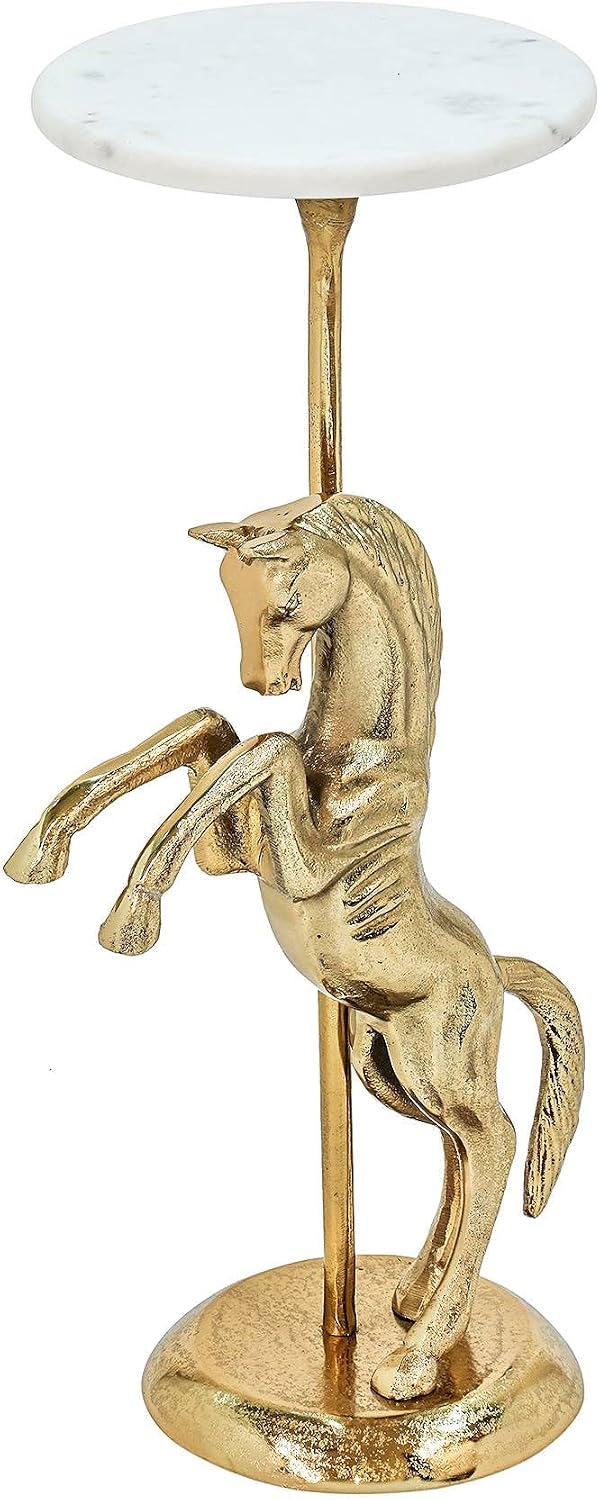 Horse Side Table with White Marble Top | Decorative Sculptural End Table | Aluminum Base | Gold Accent Table for Living Room | 10x10x25.5