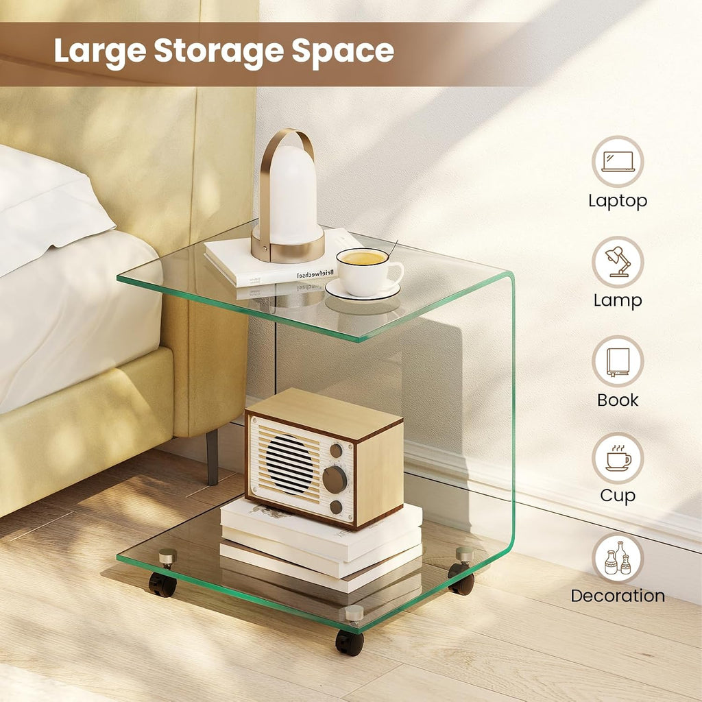 BECOMFORT Tempered Glass C-Shape End Table, Rolling Side Table with 4 Lockable Universal Wheels & Storage, Mobile Clear Night Stand for Sofa Couch Living Room Bedroom Office (1, Clear)