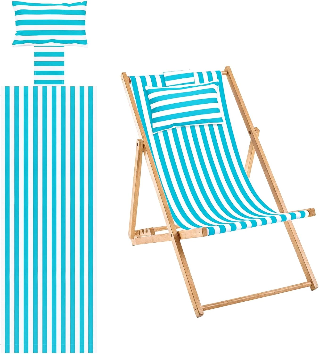 Beach Sling Chair Replacement Canvas, 16x44.5 Inch Folding Lounge Chair Fabric with Pillow for Beach/Sunbathing/Courtyard/Garden [Pinstripe Sky Blue, Only Replacement]