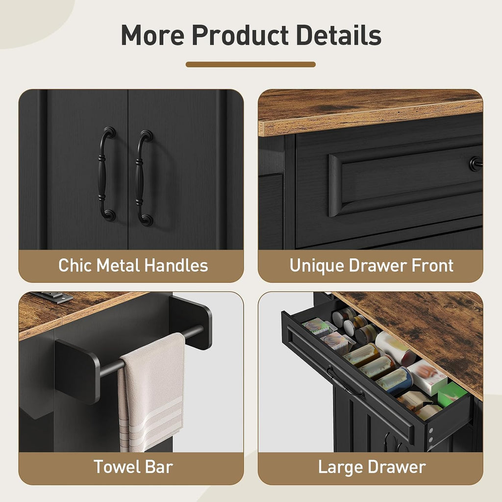 RALGEND Kitchen Island with Power Outlets & Drop Leaf, Rolling Kitchen Cart on Wheels, Kitchen Storage Island with Spice Rack and Drawer for Kitchen, Dinning Room, Black and Rustic Brown