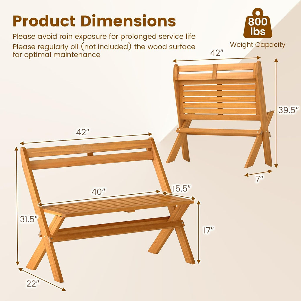 Tangkula Foldable Acacia Wood Outdoor Bench, 2-Person Patio Garden Bench with 800 lbs Capacity, Outside Loveseat Seating for Porch, Balcony, Yard & Park