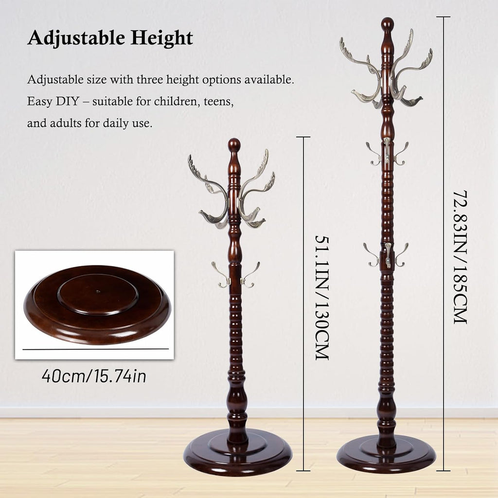 Coat Rack Stand, Solid Wooden Coat Tree with 14 Hooks, Heavy Duty Coat Rack Freestanding with Sturdy Round Base, Natural Birch Wood Coat Hanger Stand for Entryway Bedroom (Metal hook)