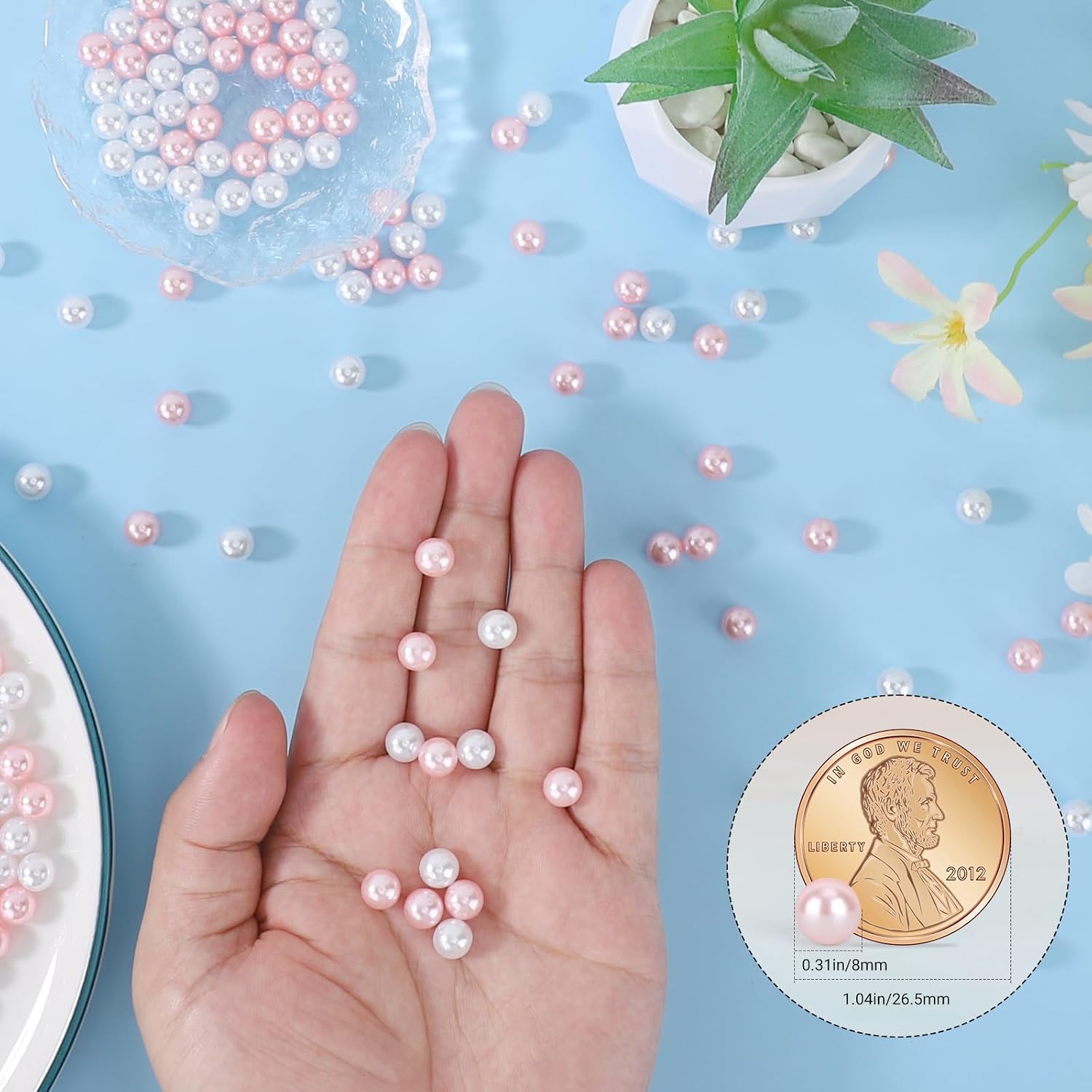 SUREAM 8mm Faux Fake Pearls for Crafting, 2600PCS Vase Filler Beads, Loose Beads No Hole for Vase Fillers, Table Scatter, Wedding, Birthday Party Home Decoration(White&Pink Color)