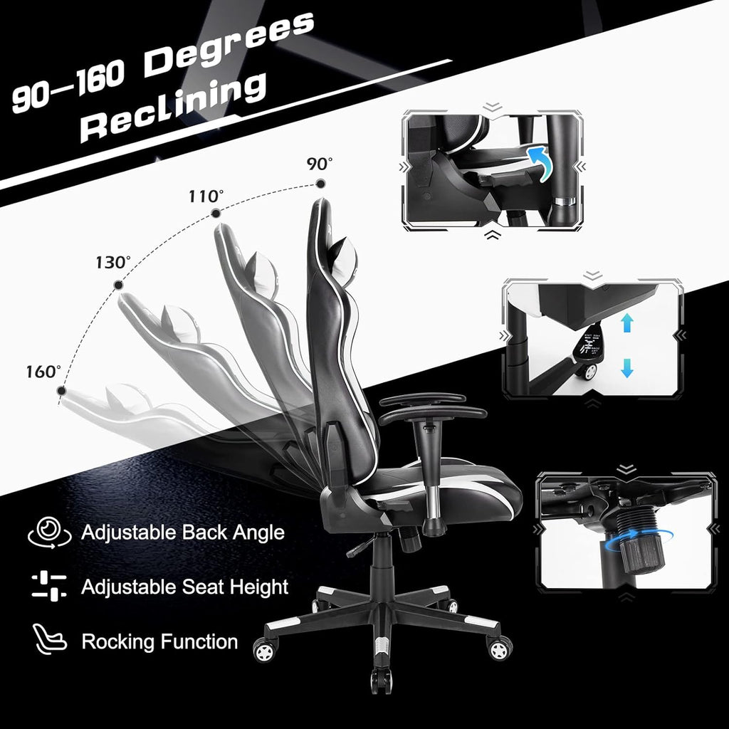 GYMAX Computer Gaming Chair, Racing Style Office Chair with Adjustable Lumbar Support Headrest, 360° Swivel, Height Adjustable Ergonomic Reclining Gaming Chair for Home Office Leisure Room (White)