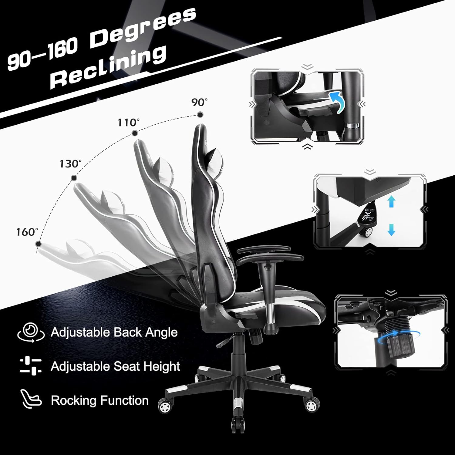 GYMAX Computer Gaming Chair, Racing Style Office Chair with Adjustable Lumbar Support Headrest, 360° Swivel, Height Adjustable Ergonomic Reclining Gaming Chair for Home Office Leisure Room (White)