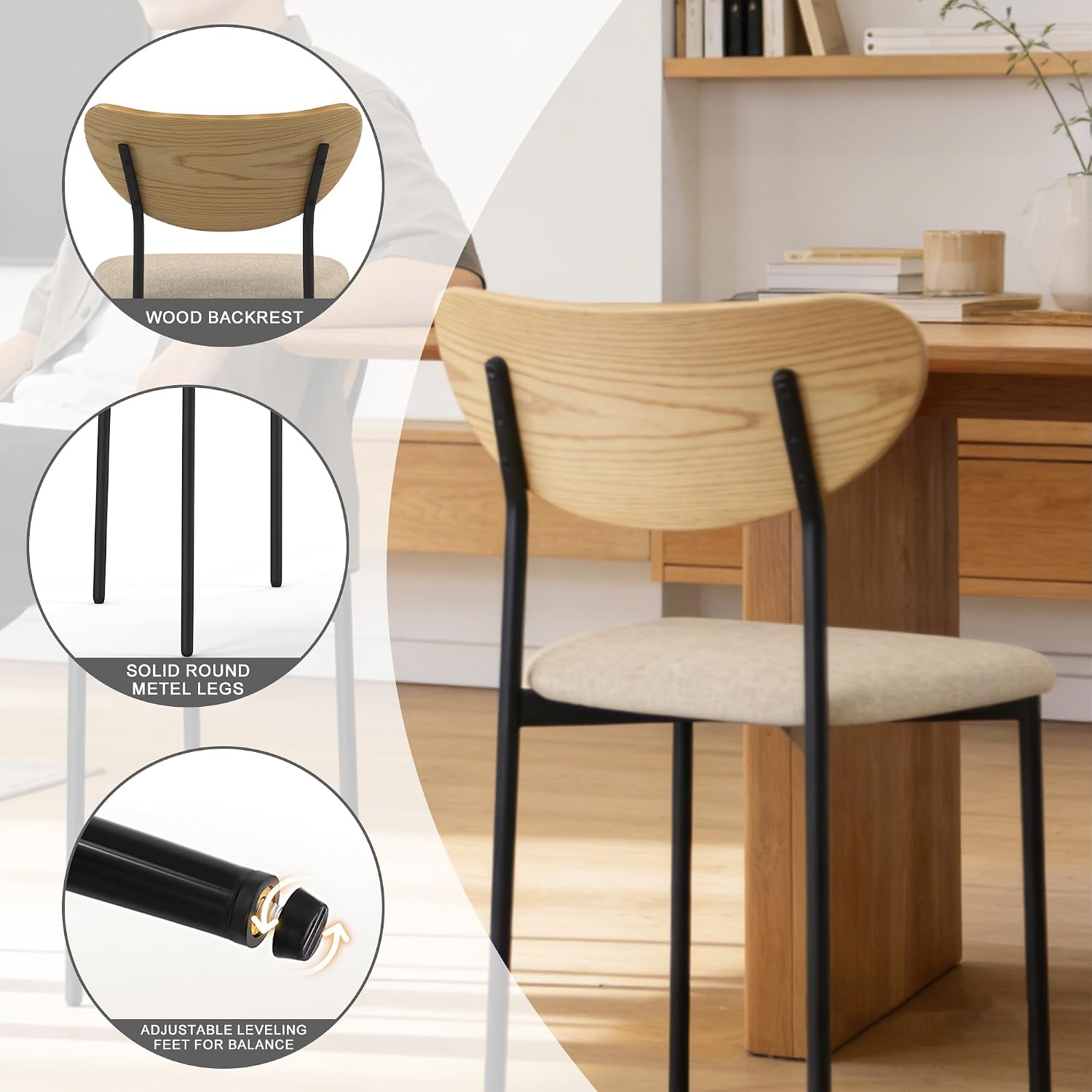Beige Dining Chairs Set of 2, Upholstered Modern Kitchen Chairs Dining Room Chairs with Wood Curved Backrest & Metal Legs