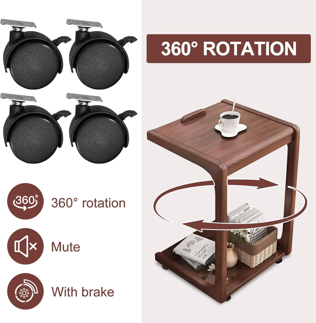 Wooden C-Shaped End Table,Couch Table with 360° Lockable Caster,Small Rolling Side Table with Adjustable Desktop for Living Room,Small Side Tables for Eating Writing Reading Bedroom