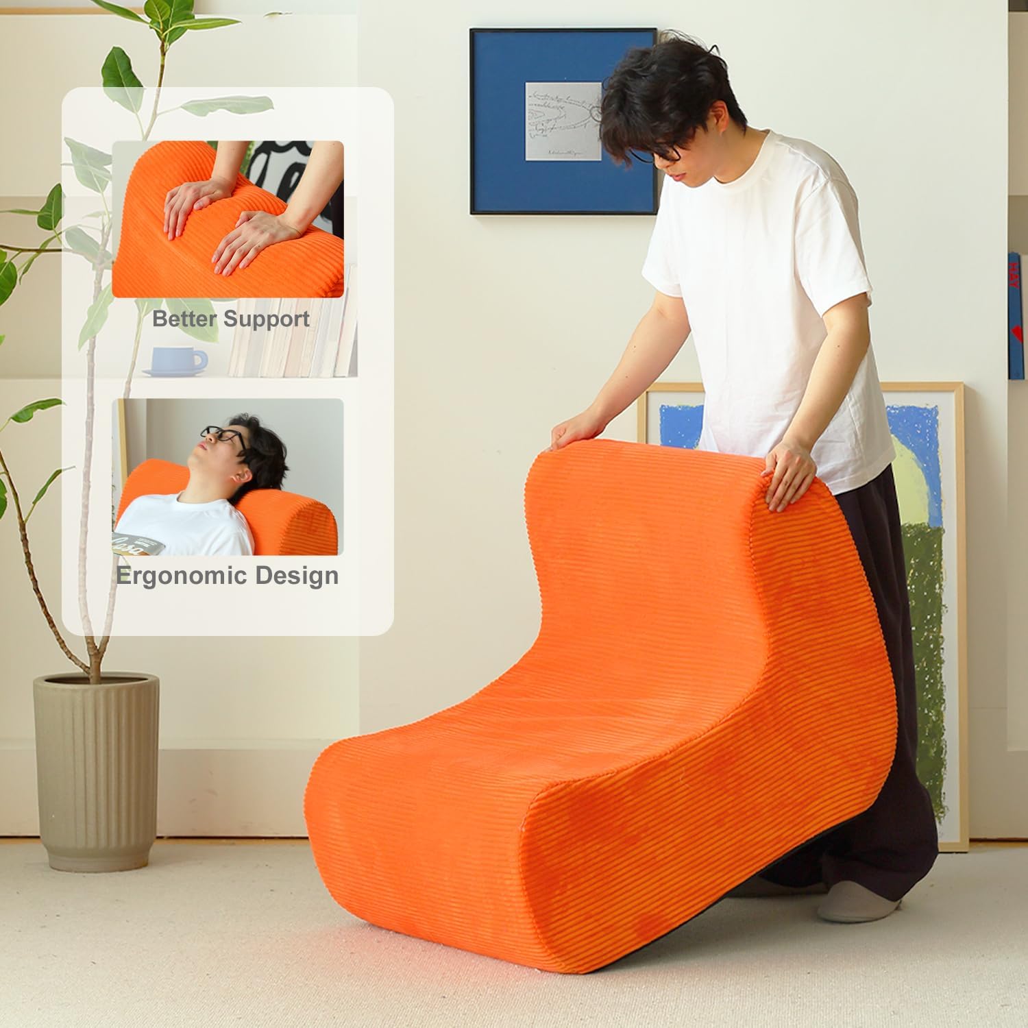 N&V Single Seated Foam Sofa, Armless Floor Sofa, One Piece High Density Foam, Removable and Machine Washable Cover, Orange