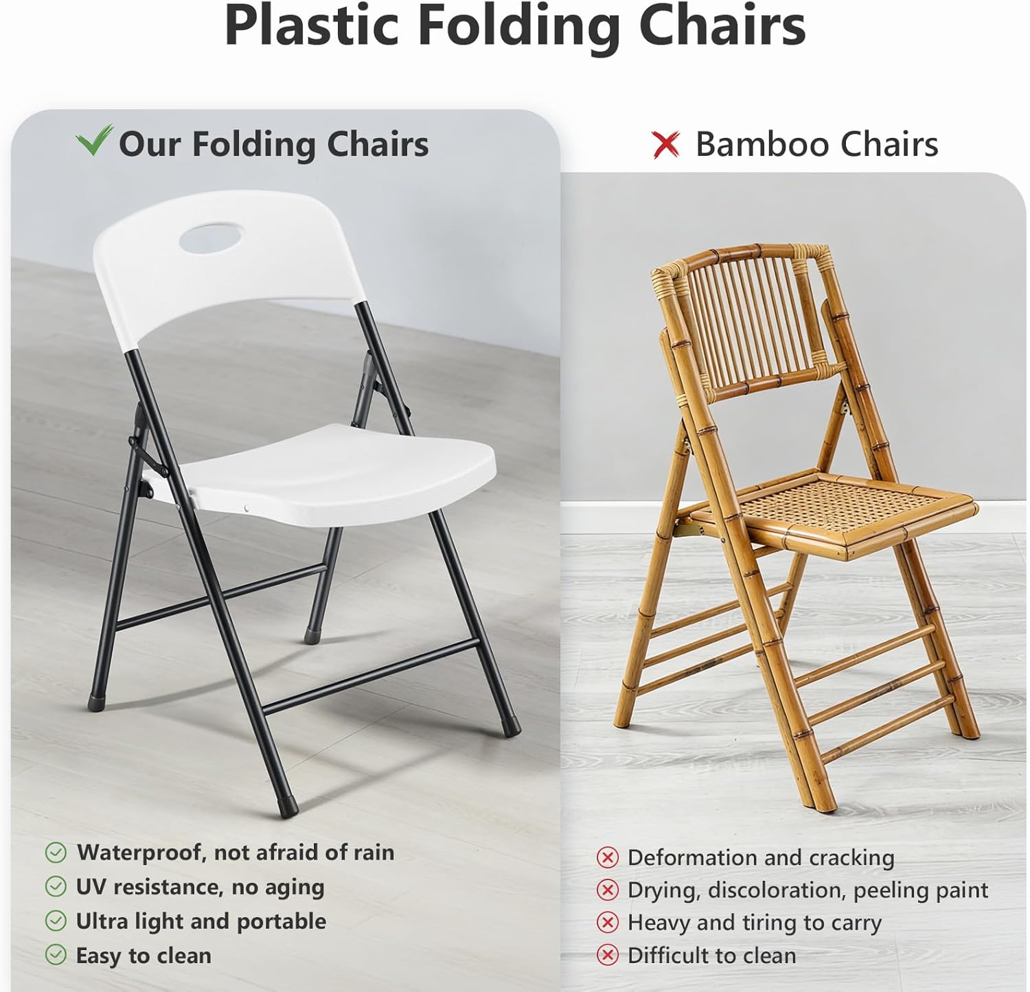 Folding Chairs 6 Pack, Outdoor Plastic Sturdy Metal Folding Chairs for Outside Indoor, Portable 350 lbs Capacity Heavy Duty Foldable Commercial Seating for Picnic, Party, Patio, Office, White