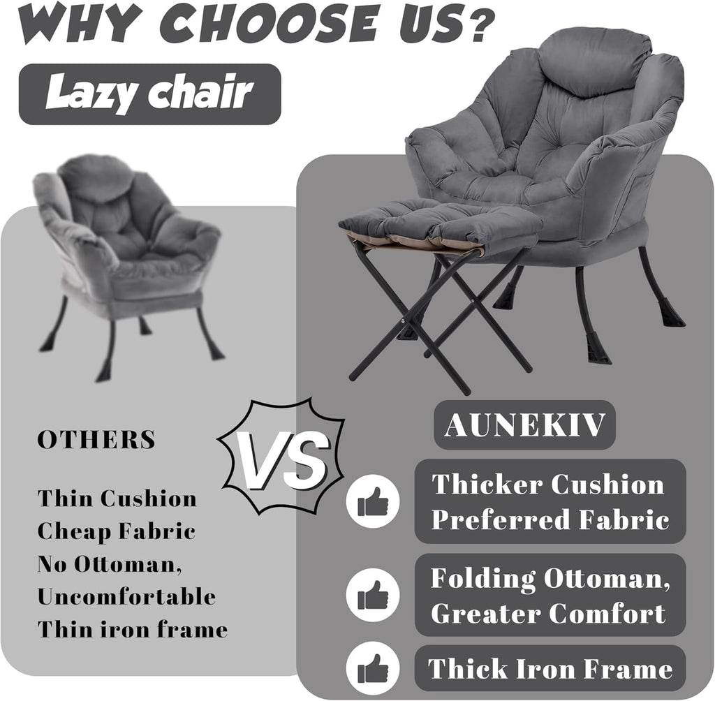 Lazy Chair with Ottoman, Comfy Accent Lounge Chair with Side Pocket, Modern Reading Armchair with Footrest, Upholstered Sofa Chair for Small Spaces, Bedroom, Living Room, Dorm, Darkgrey