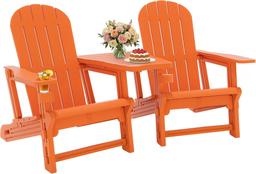 JY QAQA Outdoor Adirondack Chair Set of 2, All-Weather HDPE Patio Furniture with Detachable Table, Wood Texture & Cup Holder for Patio, Poolside, Garden, Orange