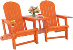 JY QAQA Outdoor Adirondack Chair Set of 2, All-Weather HDPE Patio Furniture with Detachable Table, Wood Texture & Cup Holder for Patio, Poolside, Garden, Orange