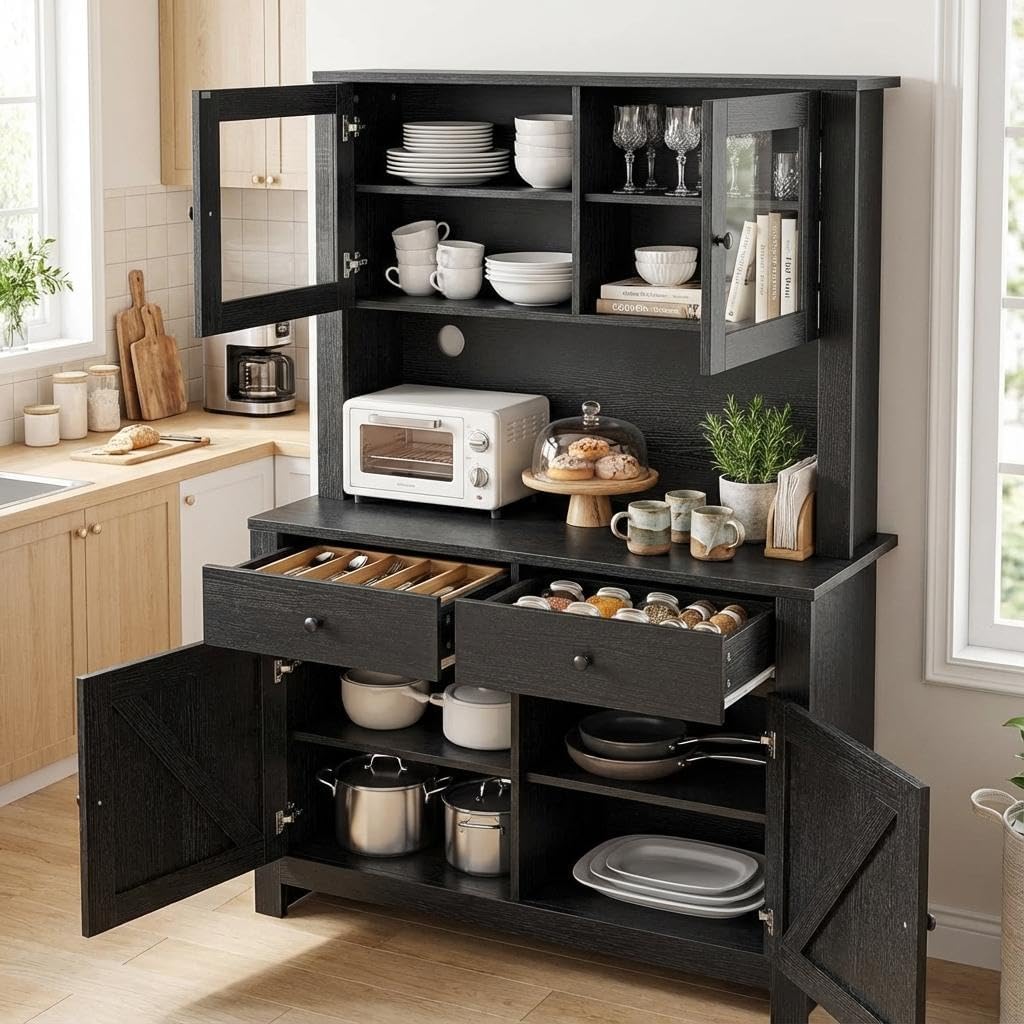 Garvee Farmhouse Kitchen Pantry Cabinet with Microwave Stand, Rustic Buffer Sideboard with Sliding Barn Door, Freestanding Storage Cupboard with Adjustable Shelves for Dining Room