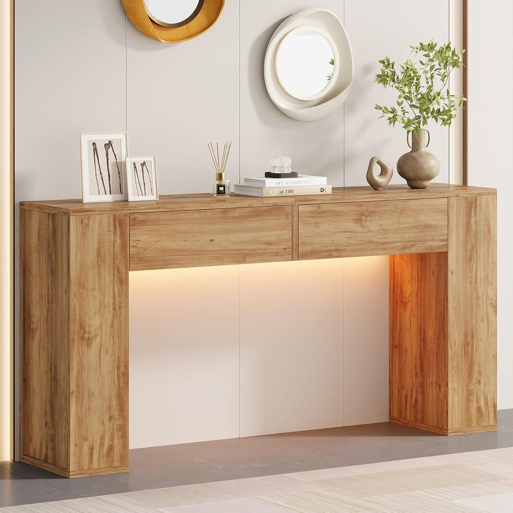 Farmhouse Console Table with LED Light and 2 Drawers, 55 inch Long Sofa Table Behind Couch, Narrow Entry Table for Entryway, Hallway, Entrance, Living Room, Natural Oak