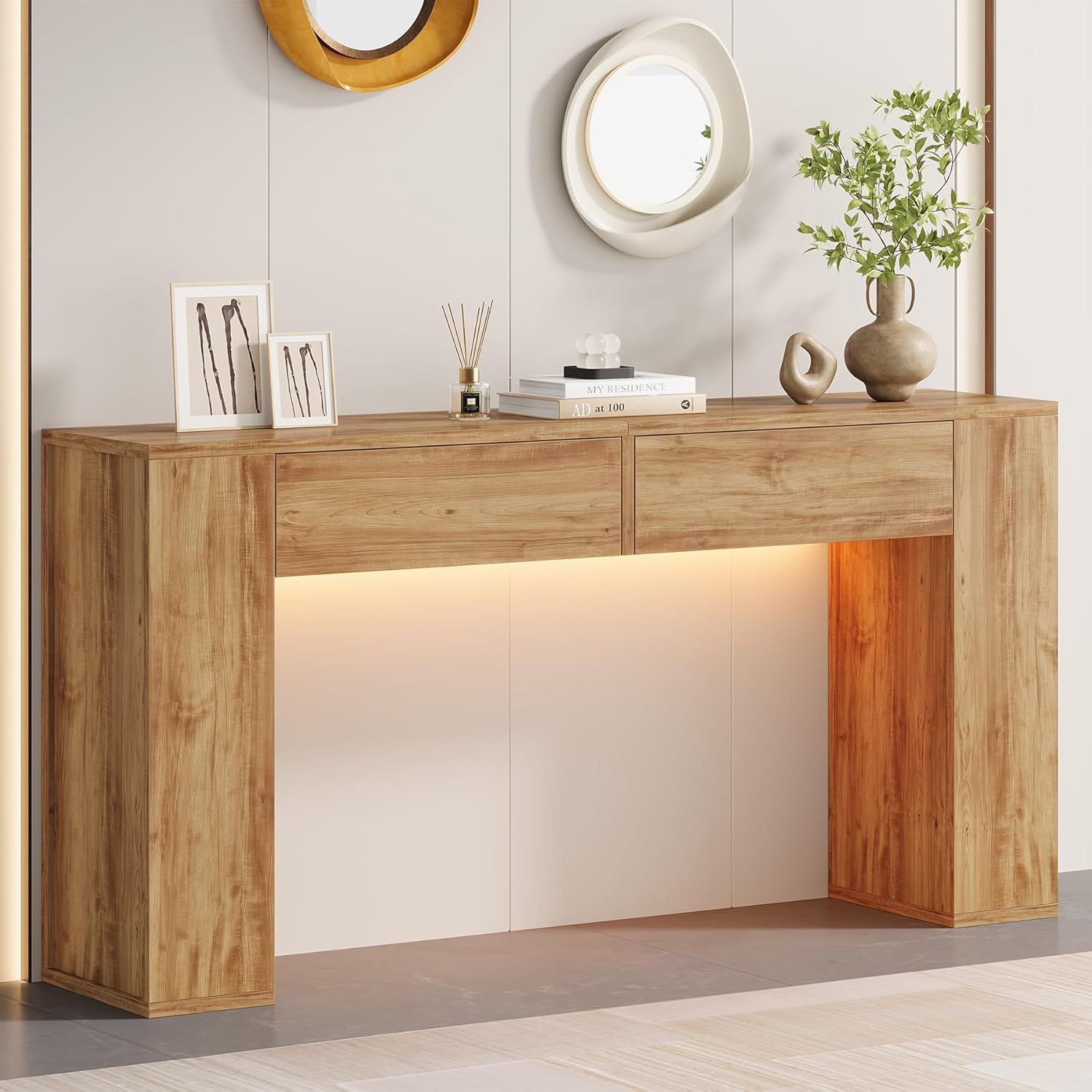 Farmhouse Console Table with LED Light and 2 Drawers, 55 inch Long Sofa Table Behind Couch, Narrow Entry Table for Entryway, Hallway, Entrance, Living Room, Natural Oak