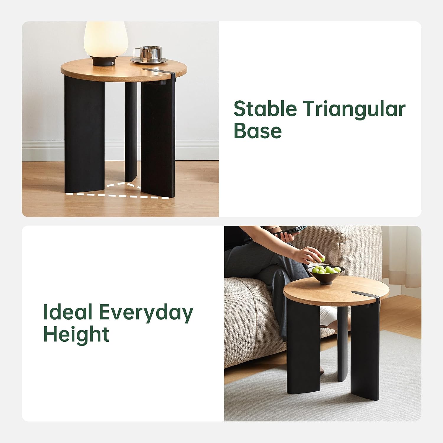 Solid Wood Side Table with 2-Tone Finish, 18.11" Round Side Table for Living Room Balcony, Nature Wooden Bedside Table for Bedroom, 100% Solid Wood Furniture, Solid Oak Natural Top Vintage Black Leg