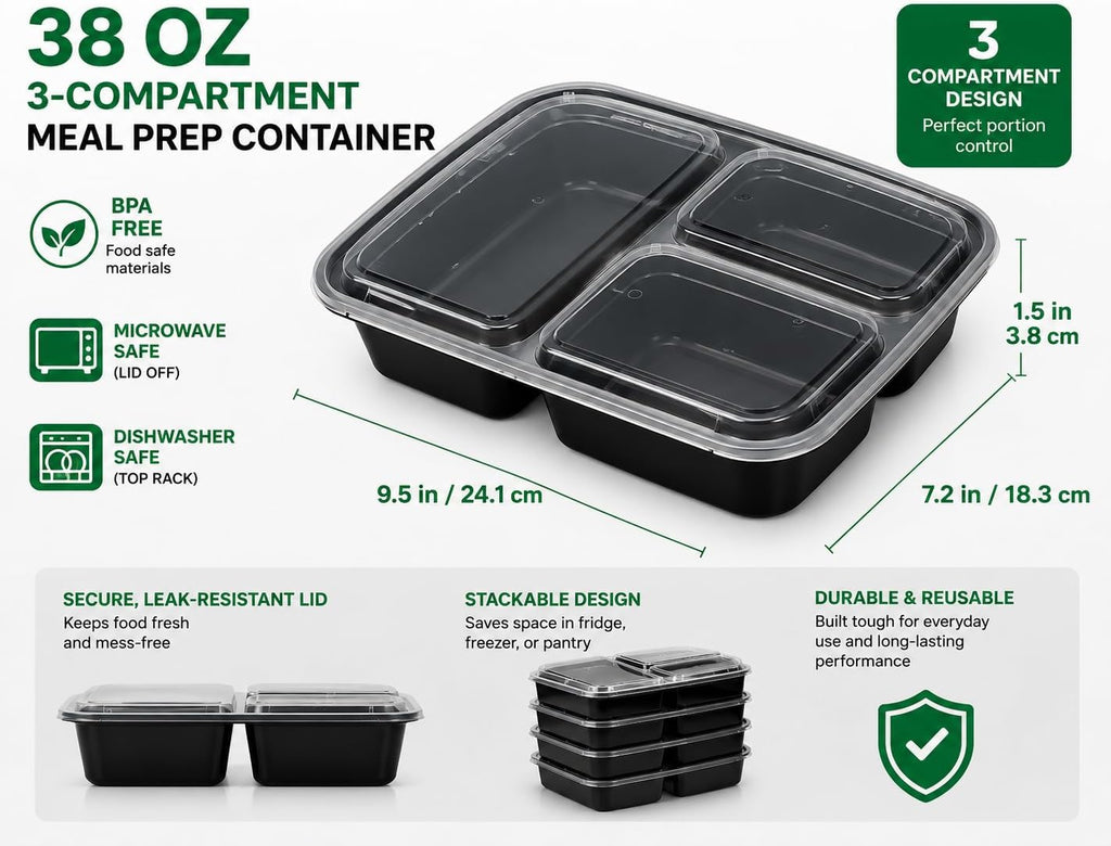 3 Compartment Food Containers with Lids, 25 Pack, 38 Oz Take Out Containers, Reusable Meal Prep Containers, Microwave Safe Lunch Boxes, Food Storage Containers for Catering, Restaurant & To Go Meals