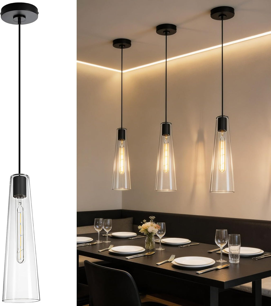 Modern Glass Pendant Lights Kitchen Island, Dimmable Black Pendant Light Fixtures 1 Pack, Adjustable Farmhouse Hanging Light Fixture with Clear Glass Shades for Hallway Dining Room