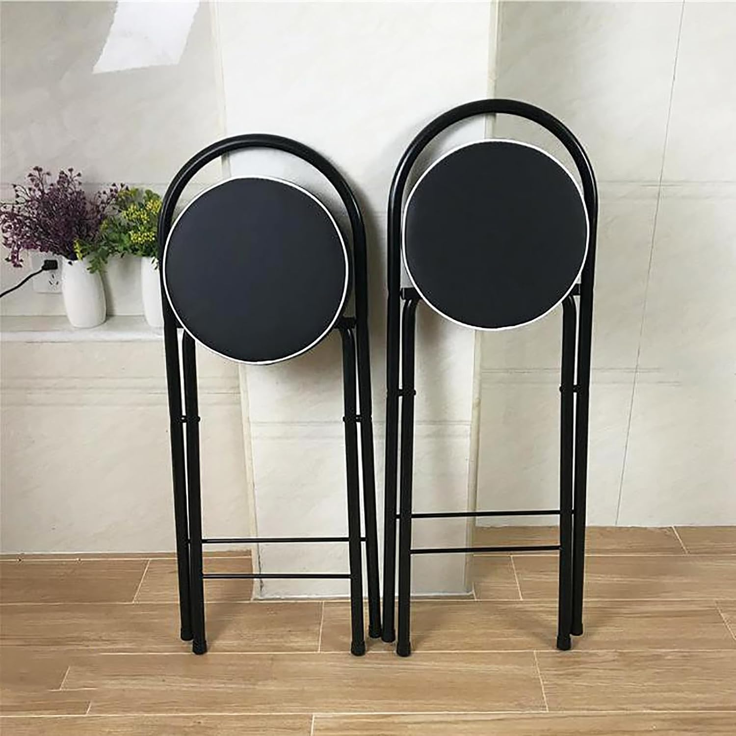 QQXX Folding Bar Stool with Footrest,Leather Padded Folding Kitchen Stool,Portable Counter Height Foldable Stool Tall Bar Stools for Outdoor Kitchen Shop Cafe(1 Pc, White Seat Height 29.5")