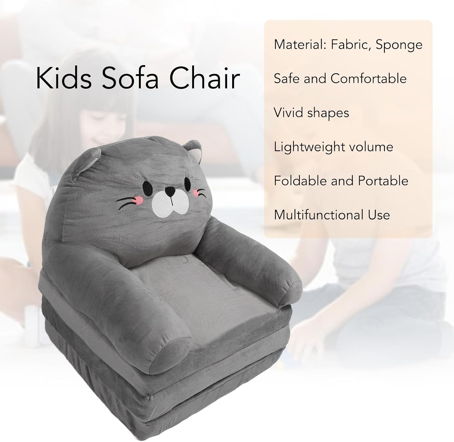 Kids Couch Toddler Chair Plush Cat Design, Foldable Floor Seat Grey 3 Layer - Comfortable Soft Cushion, Portable and, Perfect for Napping and Playing (3 Layers)