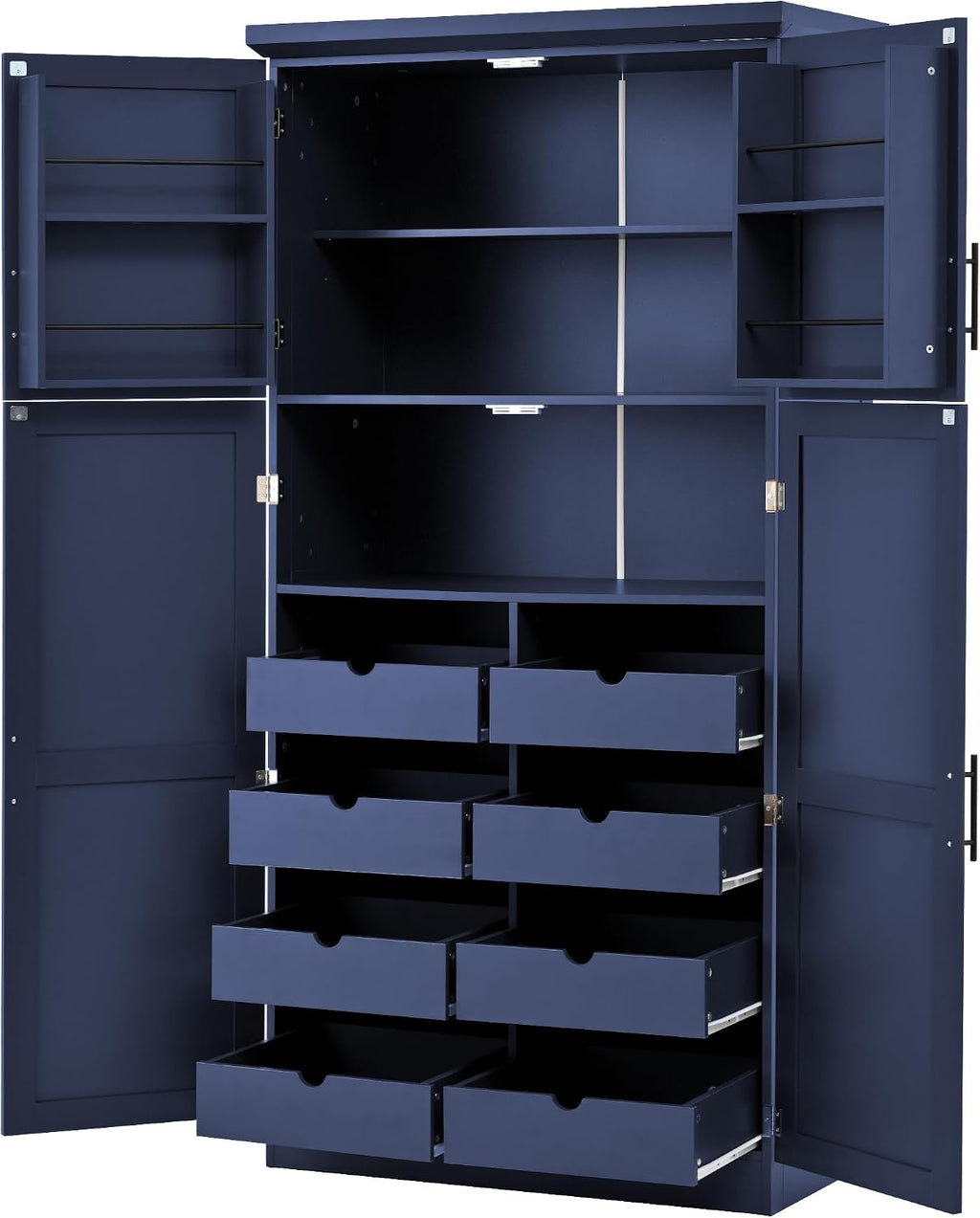 Tall 4 Doors Kitchen Pantry Cabinet with 8 Pull-Out Trays, Freestanding Pantry Storage Cabinet with 2 Door Shelves and Adjustable Shelf for Kitchen, Dining Room (Blue)