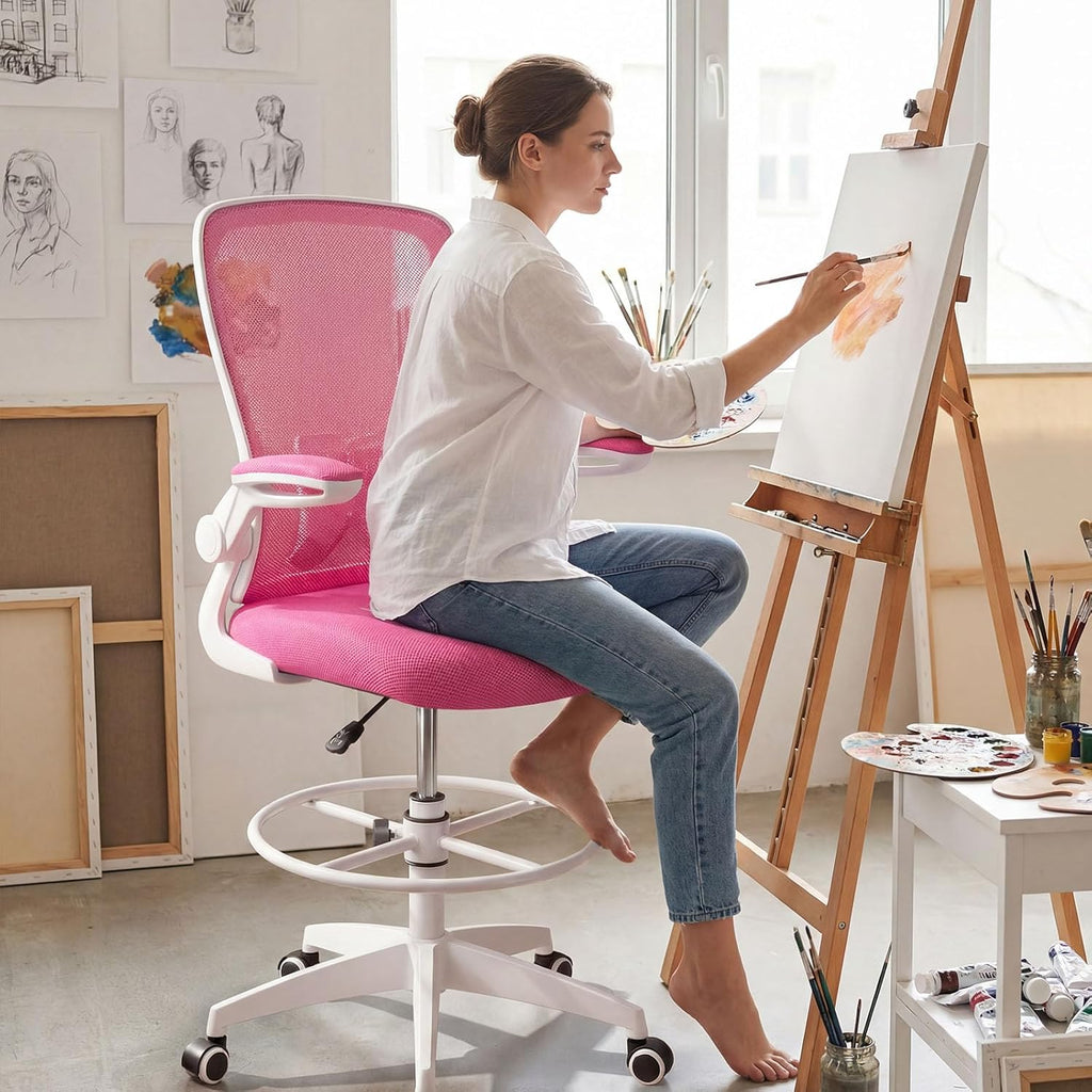 Giantex Ergonomic Drafting Chair Tall Office Chair with Flip-Up Armrests Footrest Ring Height Adjustable Executive Task Chair Mesh Computer Standing Desk Chair Lumbar Support for Home Office (Pink)