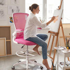 Giantex Ergonomic Drafting Chair Tall Office Chair with Flip-Up Armrests Footrest Ring Height Adjustable Executive Task Chair Mesh Computer Standing Desk Chair Lumbar Support for Home Office (Pink)