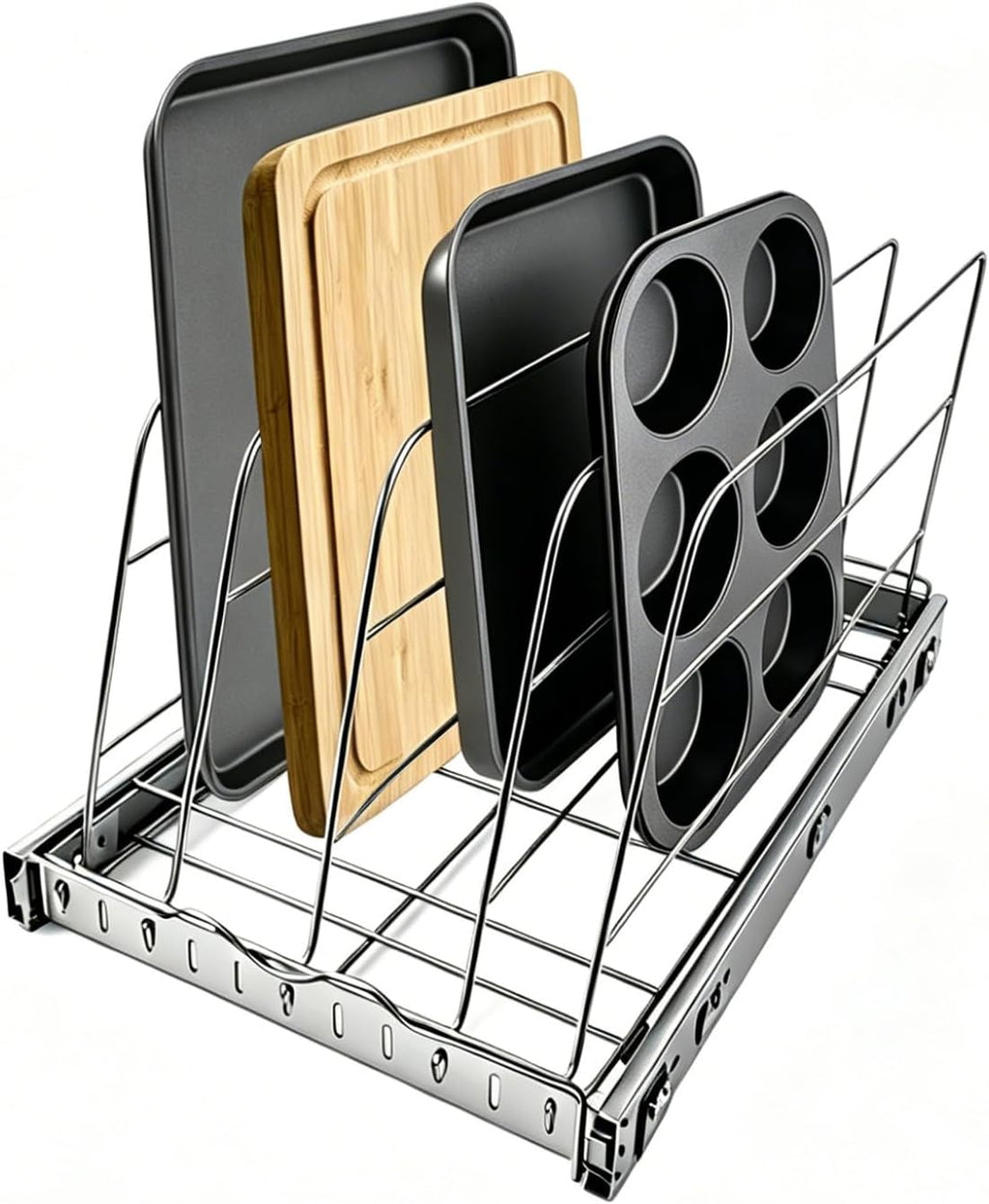 Pull Out Baking Pan Organizer for Cabinet, Cookie Sheet, Cutting Board, Tray Organizer for Cabinet, Adjustable, 22.5"D x11"H x 13"W, Pull/Slide Out Organizer-Heavy Duty, Chrome steel, 50-Year Warranty