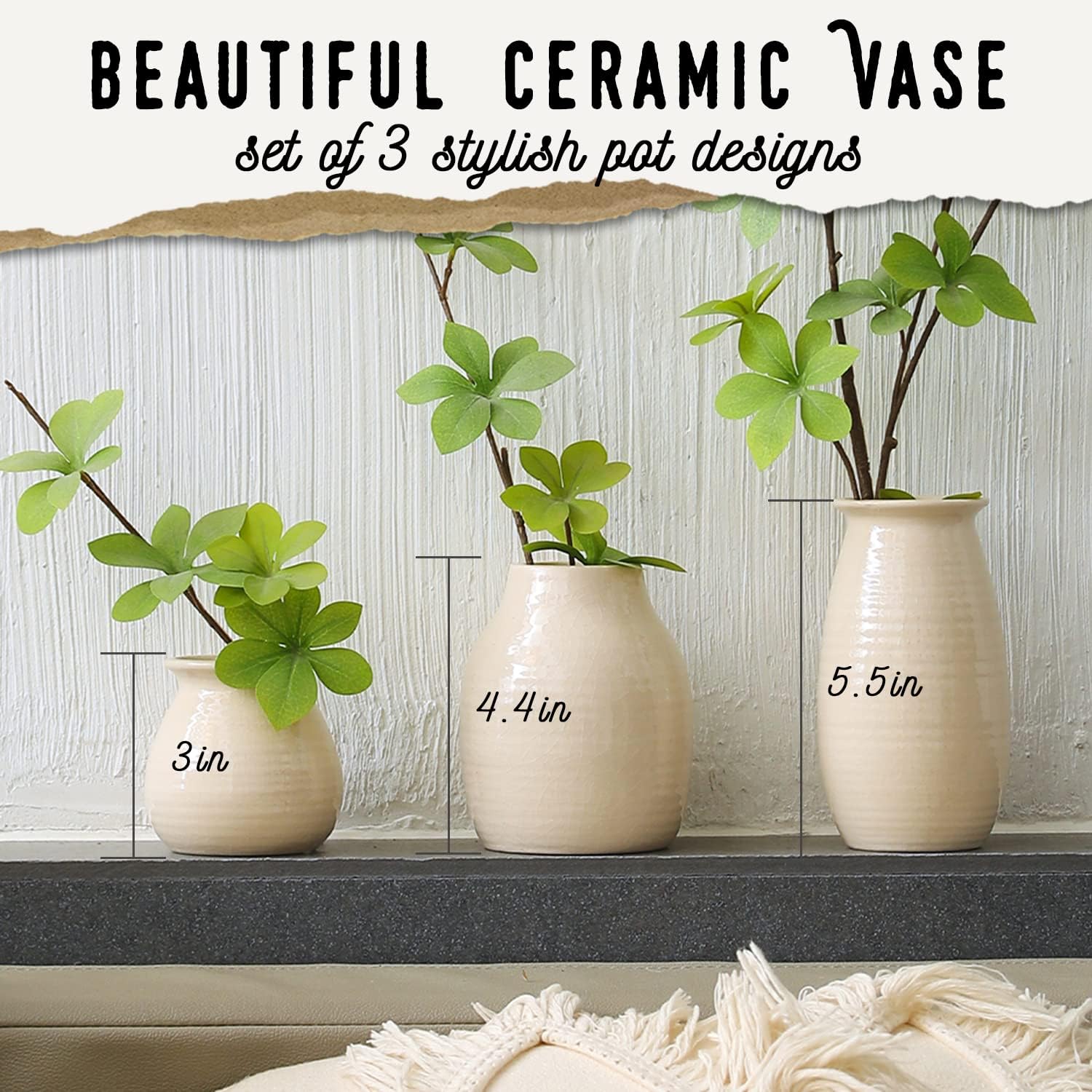 White Vases for Rustic Home Decor - Modern Farmhouse Ceramic Vase Set for Fireplace, Flowers, Living Room - Farmhouse Decorations for The Home, Set of 3