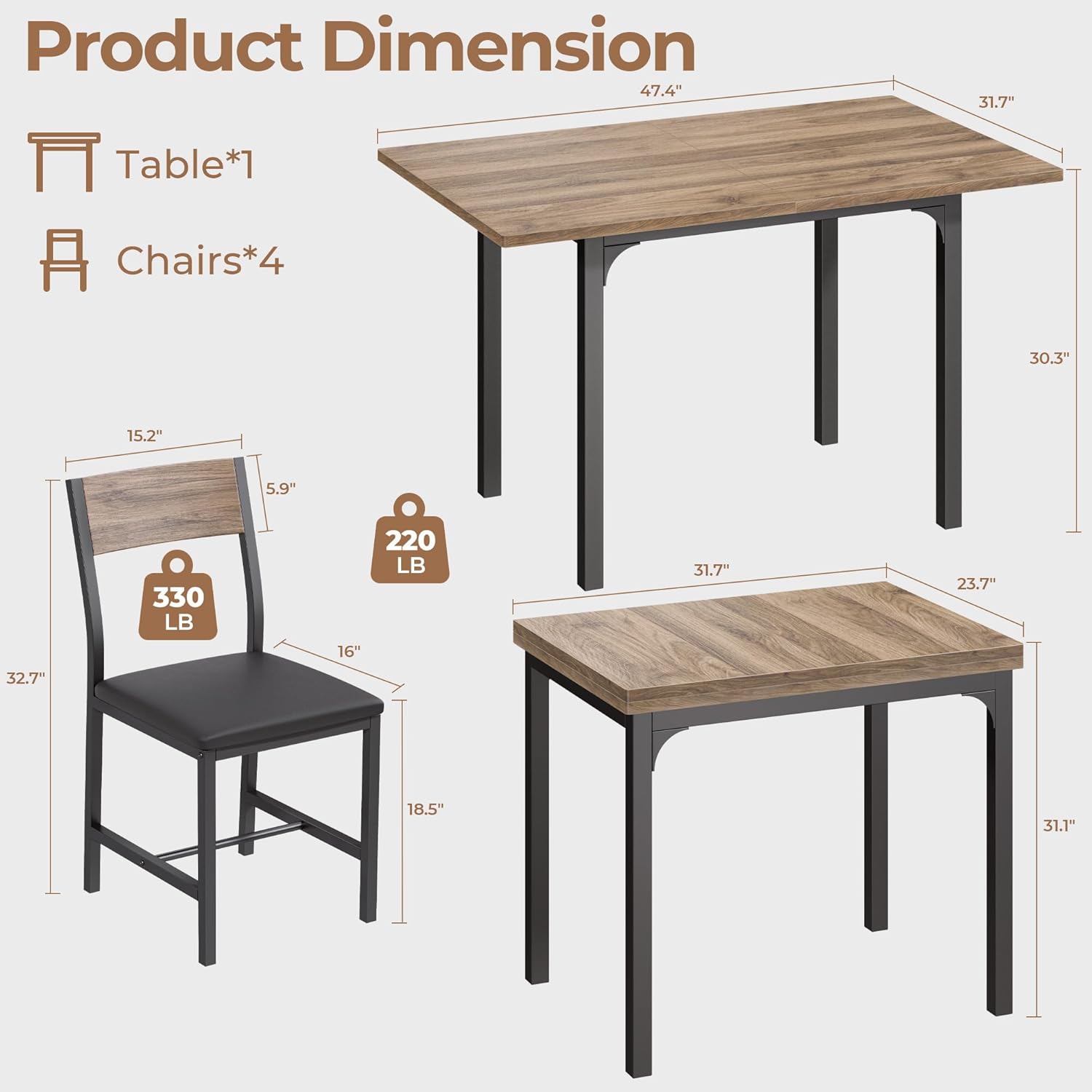IRONCK 5-Piece Dining Table Set for 4, Extendable Kitchen Table Chairs Set of 4, Dining Room Table with 4 Upholstered Chairs, Folding for Small Space, Apartment, Walnut
