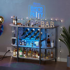 DUMOS Bar Cart with Power Outlet, LED Home Bar Cabinet with Storage, Metal Small Liquor Cabinet with Glasses & Wine Bottle Holder, Grey, 47.24" L x 15.74" D x 35.43" H