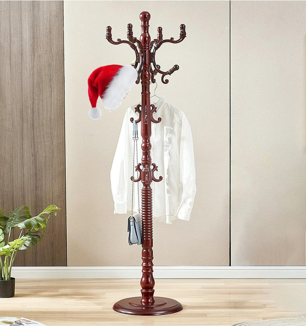 Wooden Coat Hanger Stand, Coat Rack Freestanding 18 Hooks, Mid Century Vintage Coat Tree for Entryway, Adjustable Height 73", Heavy Duty Coat stand for Home Bedroom, Office(Walnut)