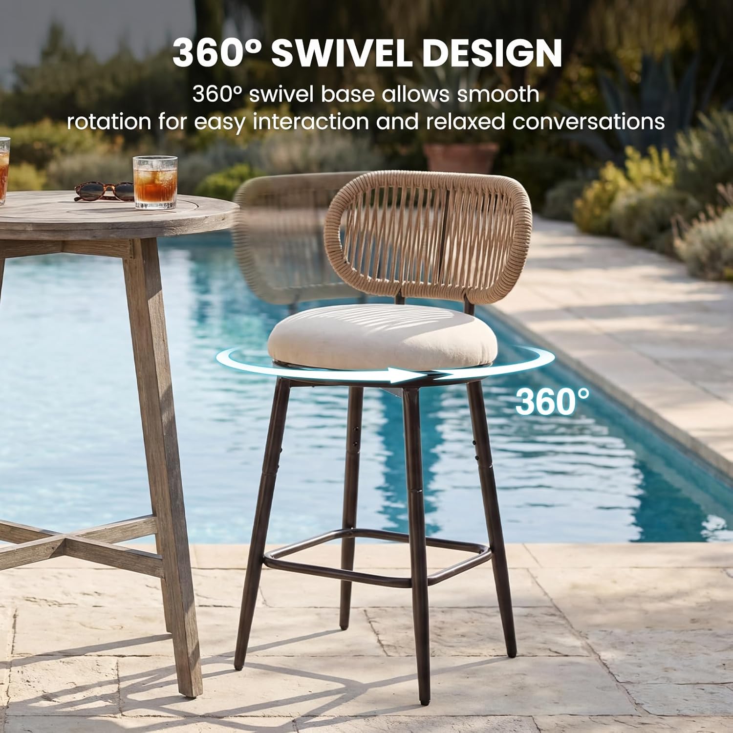 Outdoor Swivel Counter Bar Stools Set of 4, 360° Woven Rope Bar Chairs with Cushioned Seat & Metal Frame, Modern Farmhouse Counter Stools for Patio & Bar Area, Beige