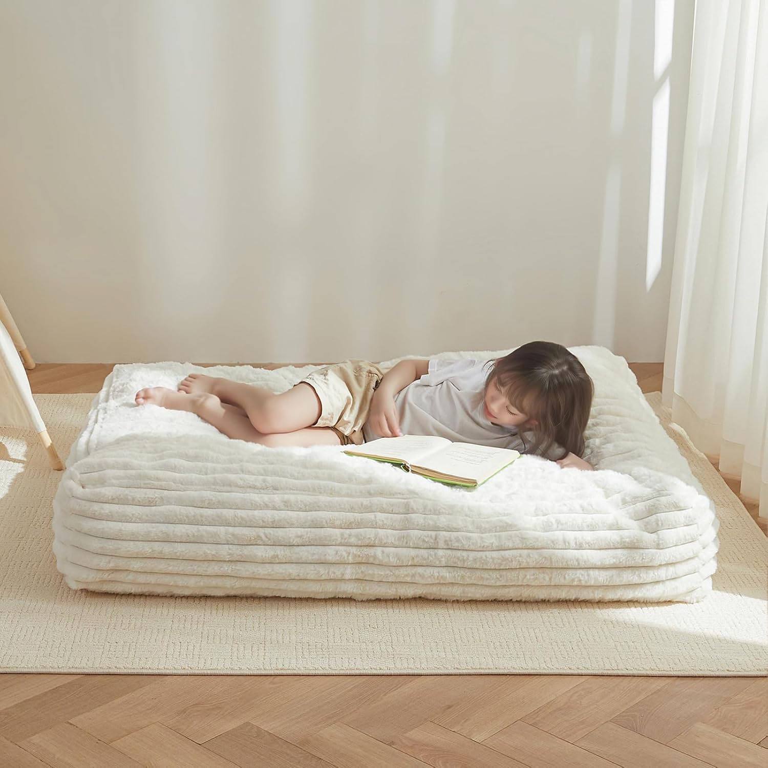 MAXYOYO Kids Bean Bag Chair Bed, Convertible Children Bean Chair to Floor Couch with Filler, Faux Fur Bean Bag Bed Stuffed Child Sofa Couch for Girl Boy, Beige Large