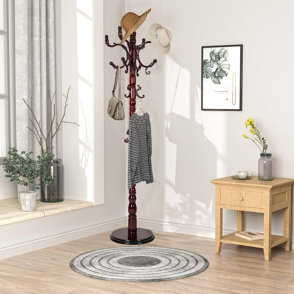 Wooden Coat rack freestanding, Coat racks stand with 14 Hook, Heavy duty coat tree standing 3 Adjustable Heights for Bedroom, Entryway, Hallway, Office,Stury Base (Redwood)