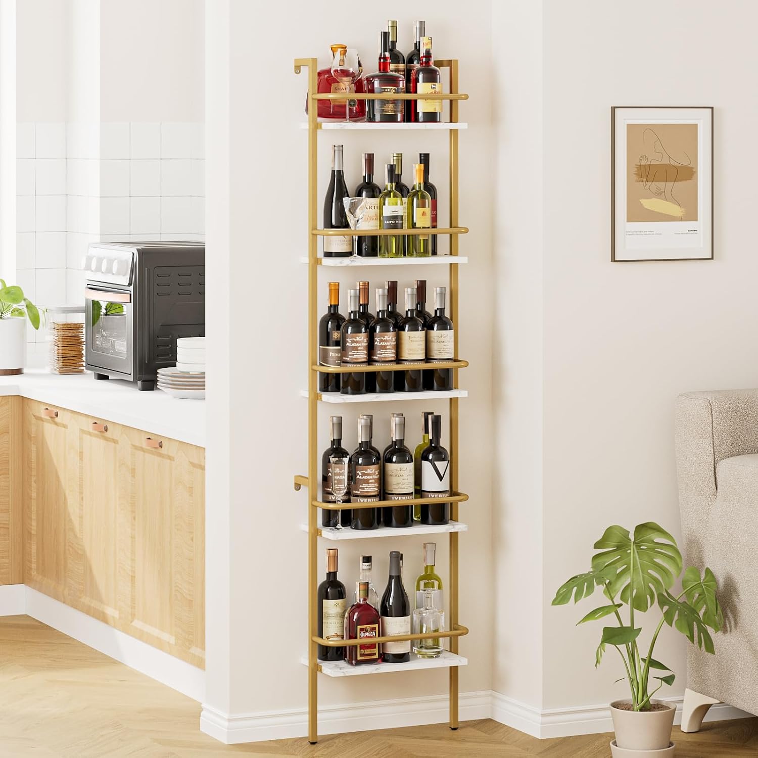 5-Tier Wine Rack Wall Mounted, Wine Racks Freestanding Floor with Fences, 50 Bottles Wine Bottle Holder Liquor Cabinet Bar Shelves for Home, Kitchen, Dining Room (Gold)