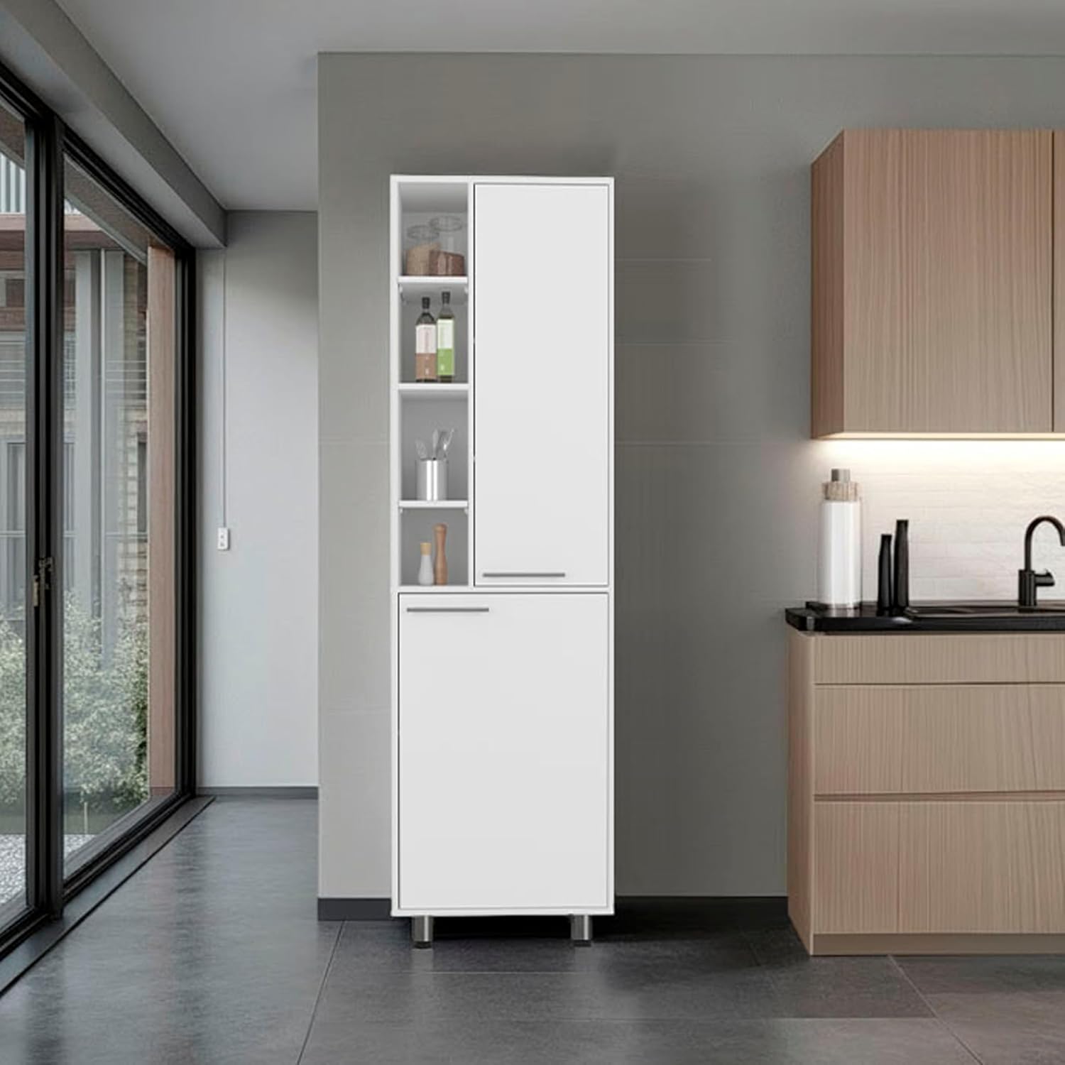 Tuhome Burton Kitchen Pantry Cabinet, 80.3" Tall 2-Door Freestanding Pantry Organizers and Storage with 4 Adjustable Shelves, 2 Drawers and Side Compartments, White Engineered Wood