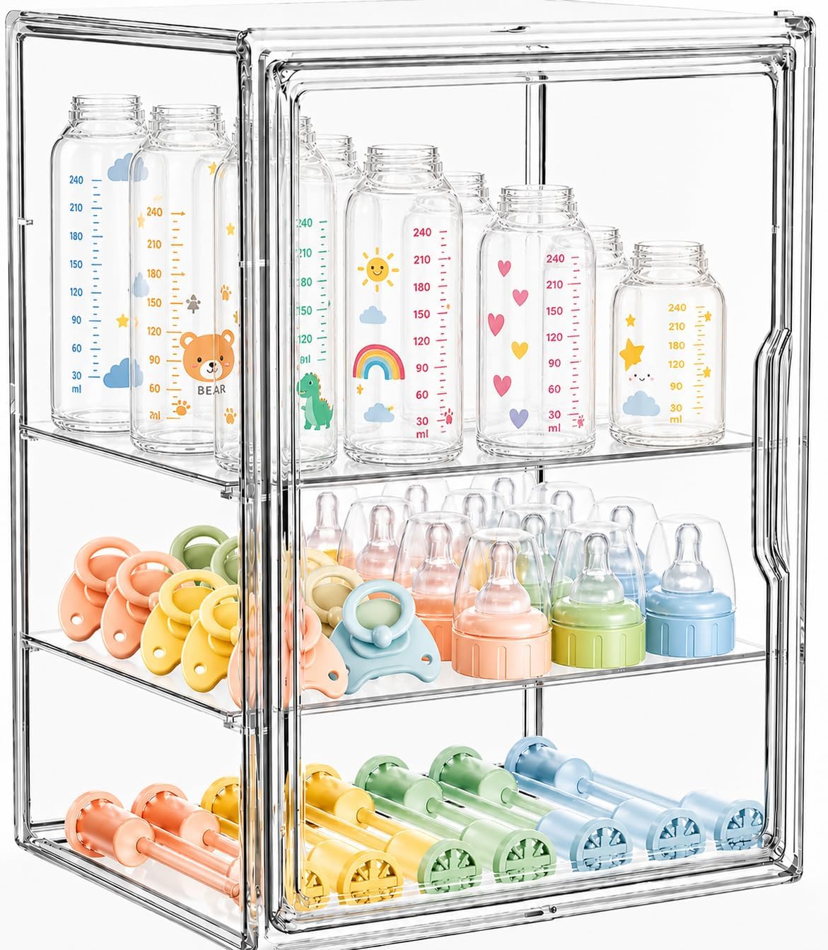 Baby Bottle Storage Organizer for Countertop, Large Clear Bottle Organizer, Baby Bottle Storage Organizer for Bottles, Nipples, Pump Parts, Cabinet, Kitchen Pantry