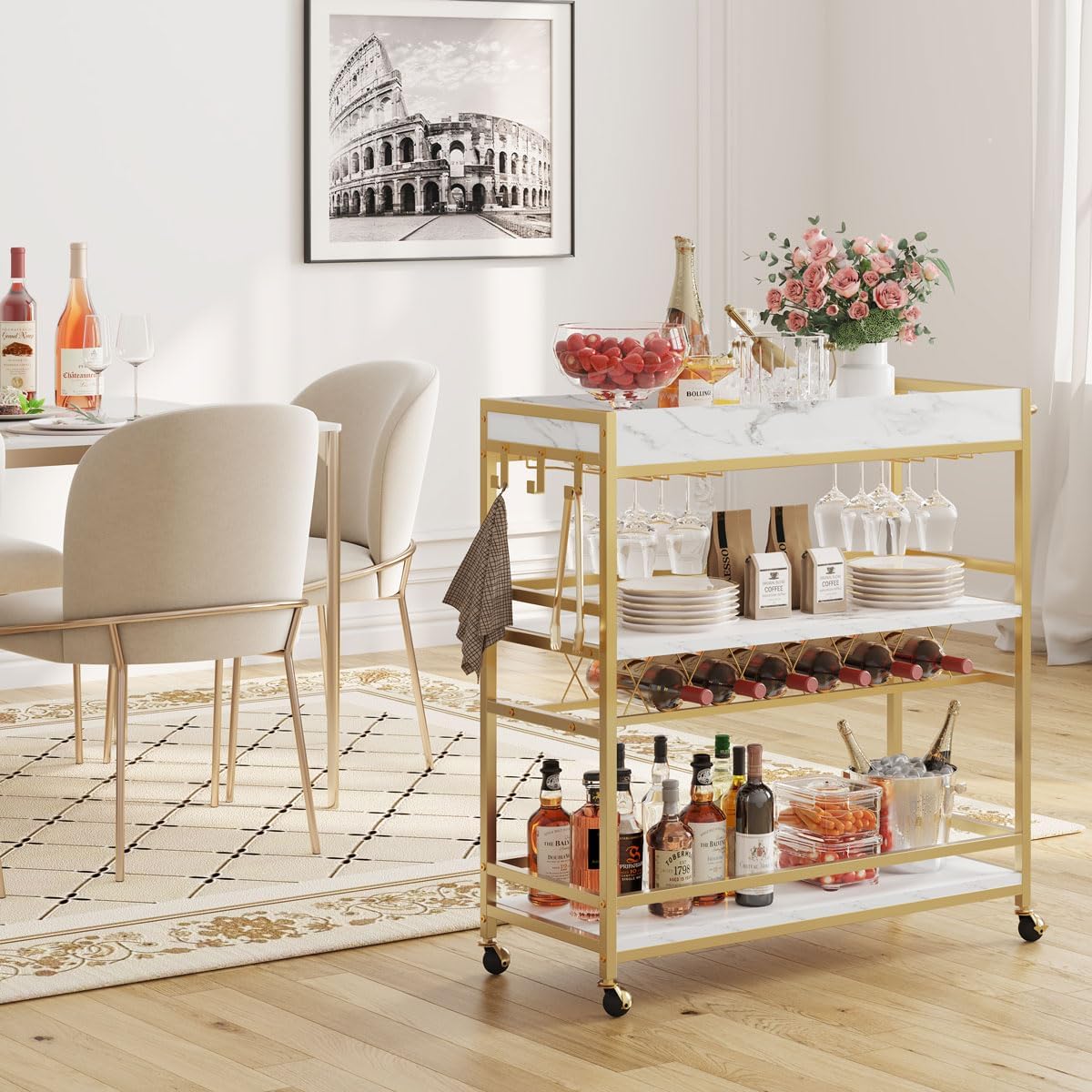 BON AUGURE Bar Cart for The Home, Rolling Home Bar Serving Cart on Wheels, 3 Tier Mobile Liquor Beverage Carts with Wine Rack and Glass Holder (Gold & Marbleized White)