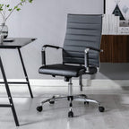 Office Desk Chair with Wheels Set of 8, Ergonomic Black Leather Conference Room Chairs Height Adustable | Ribbed High Back | Swivel Rolling Task Chair, Black