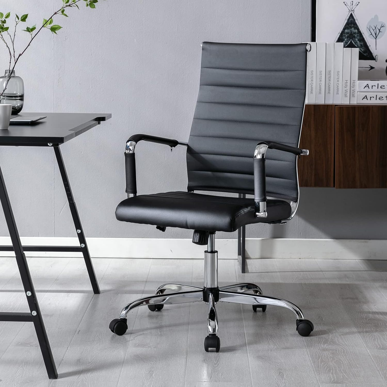 Office Desk Chair with Wheels Set of 8, Ergonomic Black Leather Conference Room Chairs Height Adustable | Ribbed High Back | Swivel Rolling Task Chair, Black